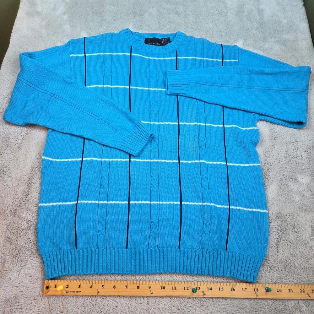 Vintage Bill Blass Sweater Mens XL Windowpane Cable Knit Crewneck Turquoise Blue
